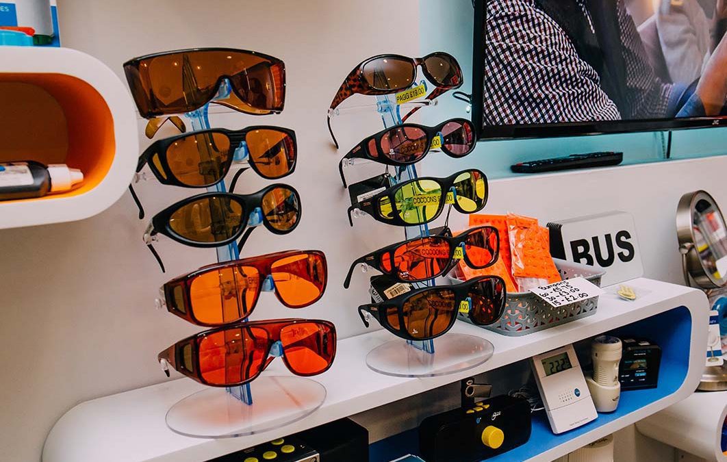A display of dark glasses.