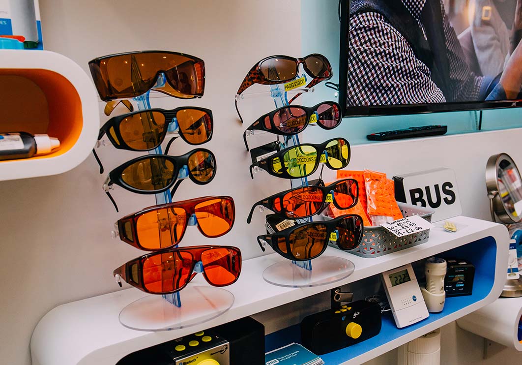 A display of dark glasses. A display of dark glasses.
