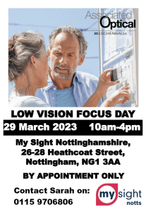 Graphic shows a man and woman looking at a magnifier with black text giving the time, date and venue of the Low Vision Focus Day at #MySightNotts 