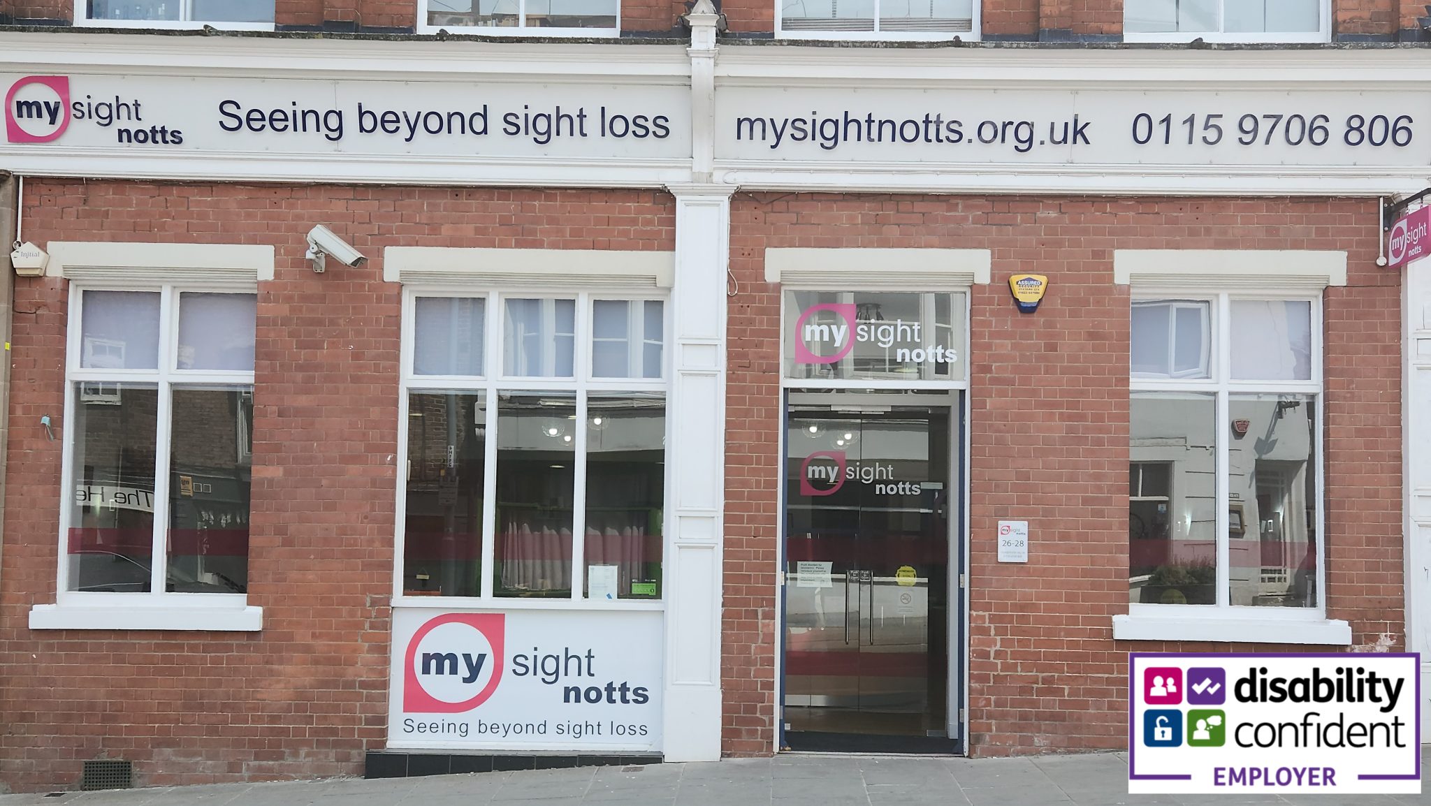 Shop front cropped V2-overlay(1) Picture of the outside of the My Sight Nottinghamshire building on Heathcoat Street.