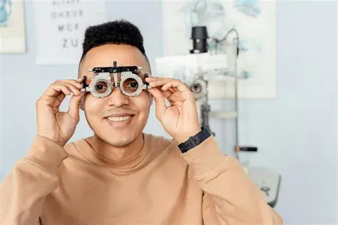 Man having his eyes tested with special equipment.